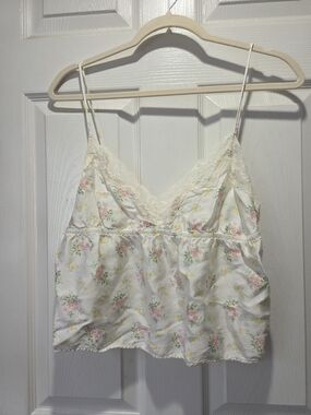 aerie Cream Floral Lace Trim Tank Top